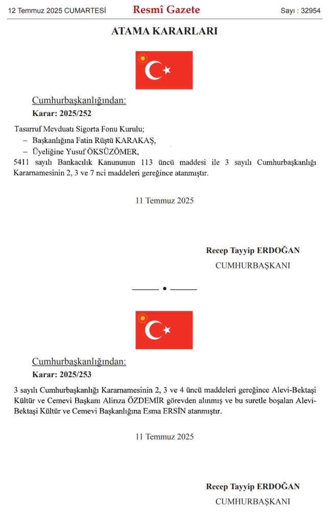 12 Temmuz 2025 Tarihli 32954 Sayılı Resmî Gazete Yayımlandı: Atama Kararları Resmi Gazete’de